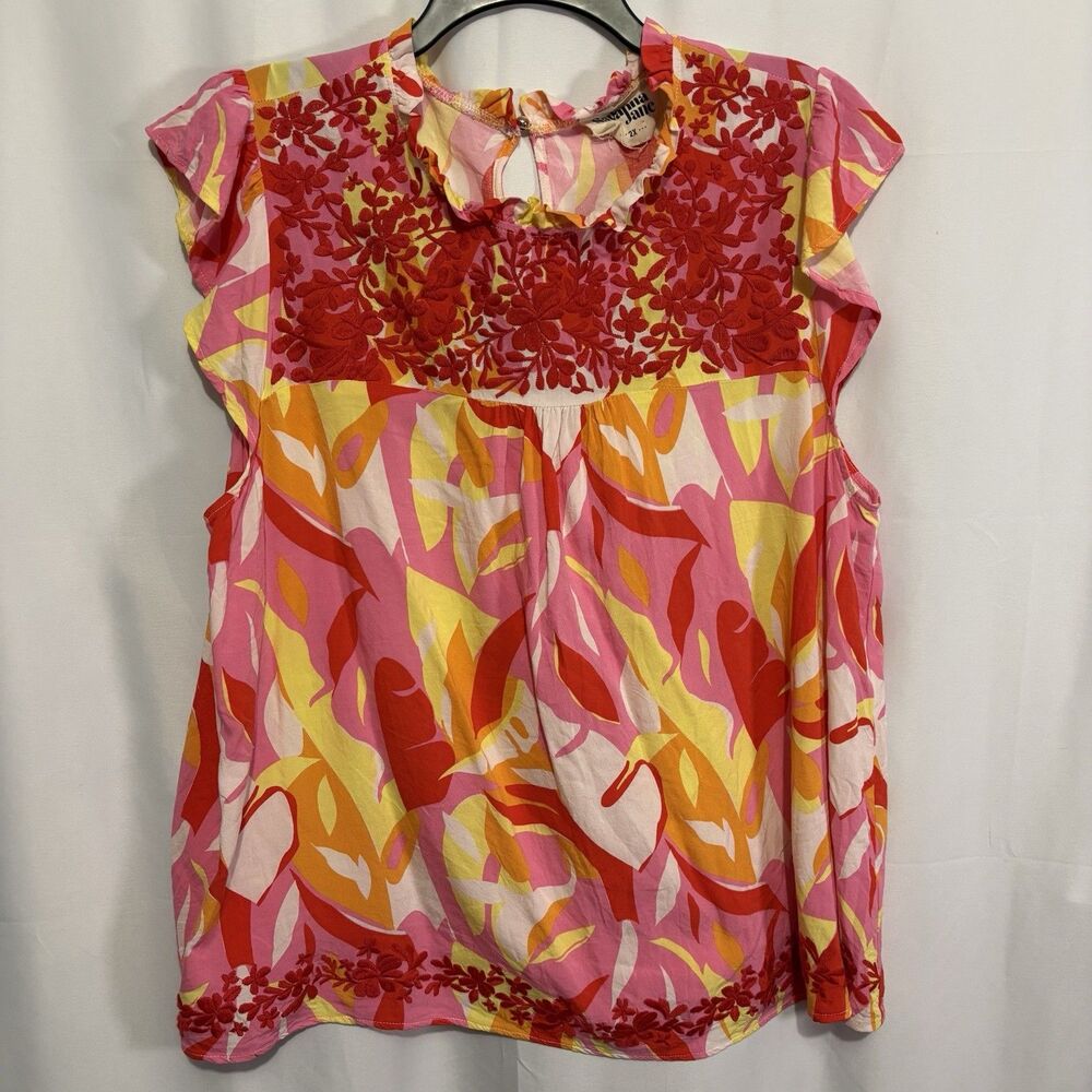 Savanna Jane Tunic Top Womens 2X Orange ‎ Abstract Floral Embroidered Boho Rayon